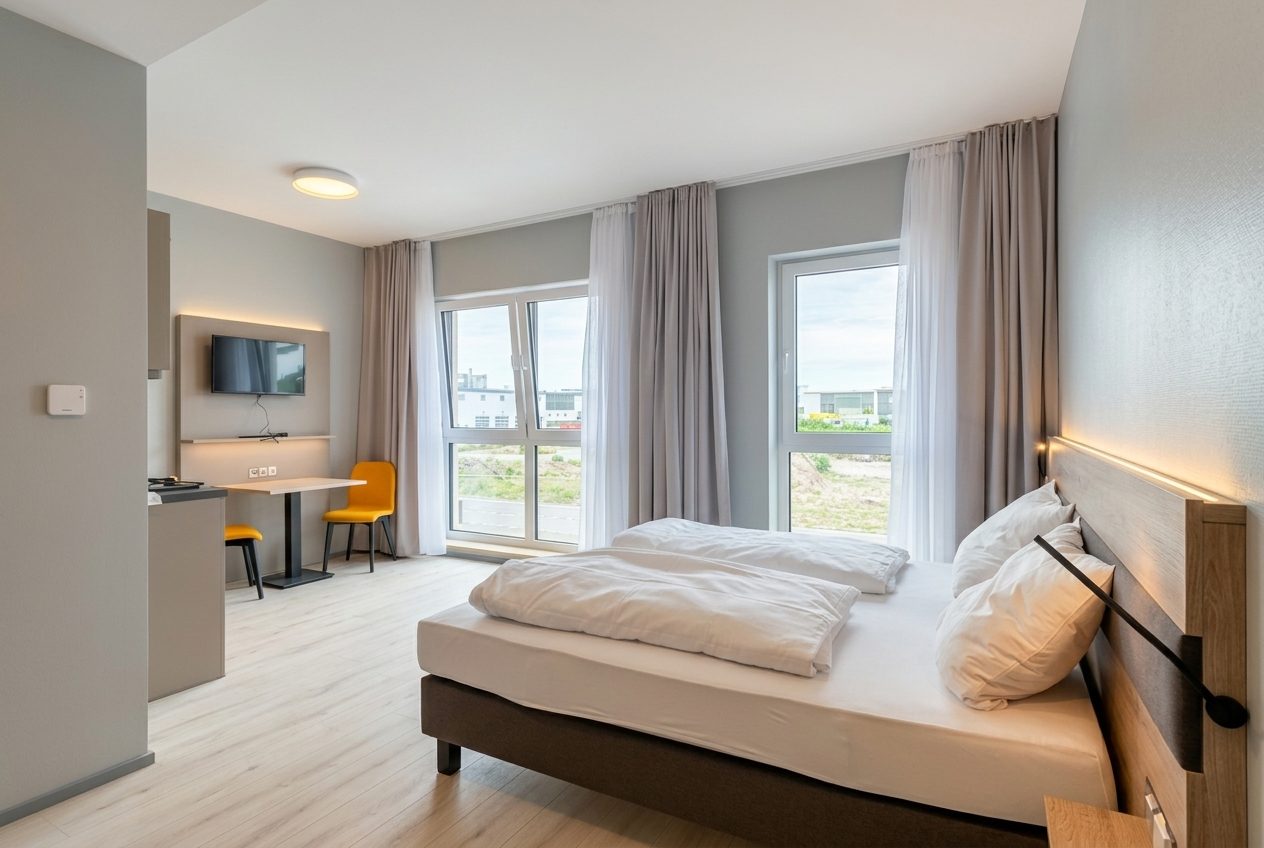 Studio mit Bett, Arbeitsplatz und Fensterfront