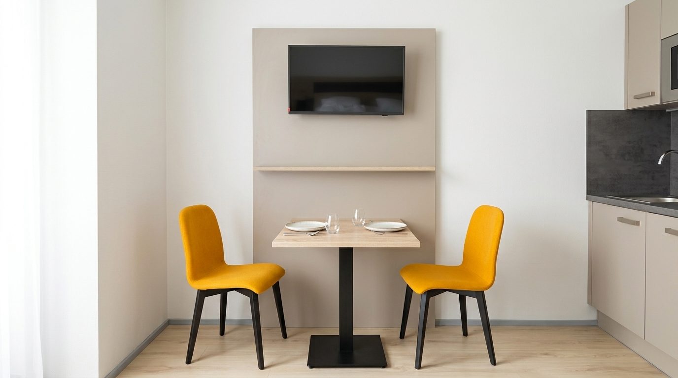 Essbereich mit Tisch, Stühlen und Fernseher